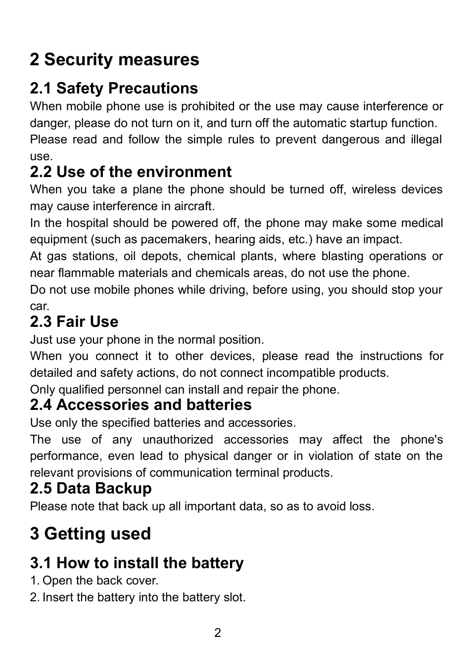 2 security measures, 1 safety precautions, 2 use of the environment | 3 fair use, 4 accessories and batteries, 5 data backup, 3 getting used, 1 how to install the battery | Verykool i607 User Manual | Page 9 / 28