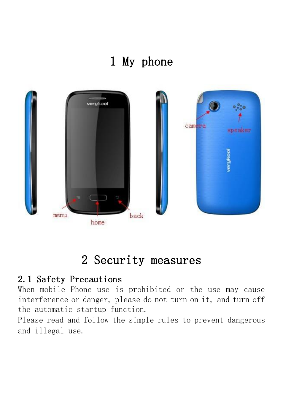 1 my phone, 2 security measures, 1 safety precautions | Verykool i235 User Manual | Page 10 / 37