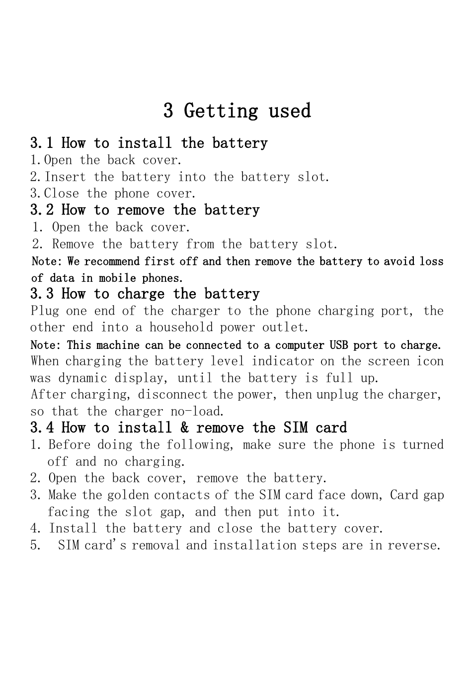 3 getting used, 1 how to install the battery, 2 how to remove the battery | 3 how to charge the battery, 4 how to install & remove the sim card | Verykool i235 User Manual | Page 12 / 37