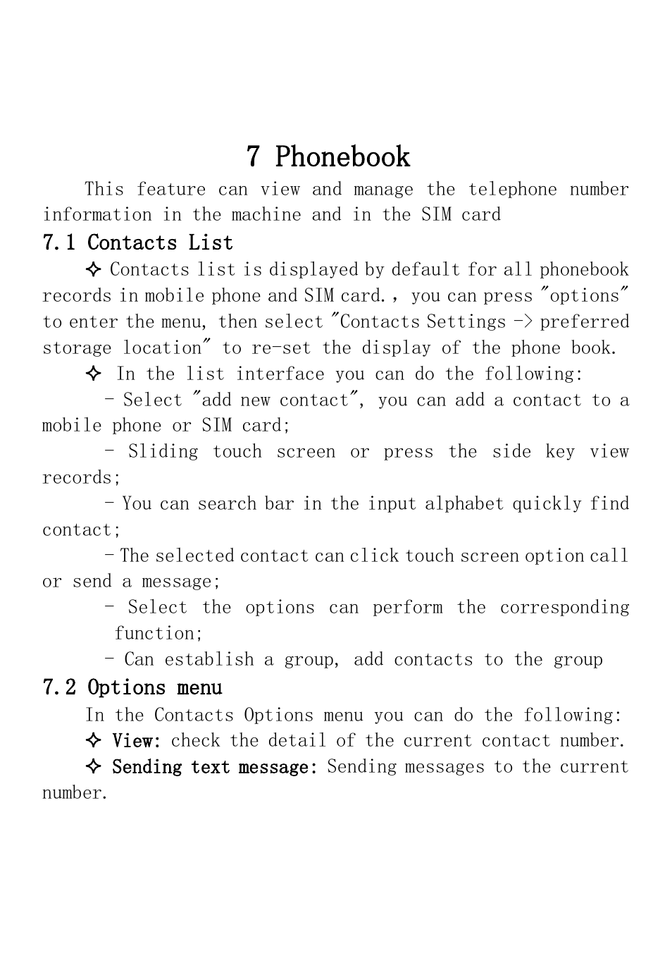 7 phonebook, 1 contacts list, 2 options menu | Verykool i235 User Manual | Page 19 / 37