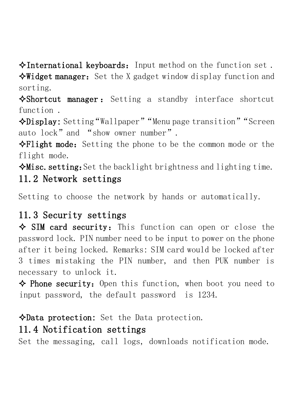 2 network settings, 3 security settings, 4 notification settings | Verykool i235 User Manual | Page 23 / 37