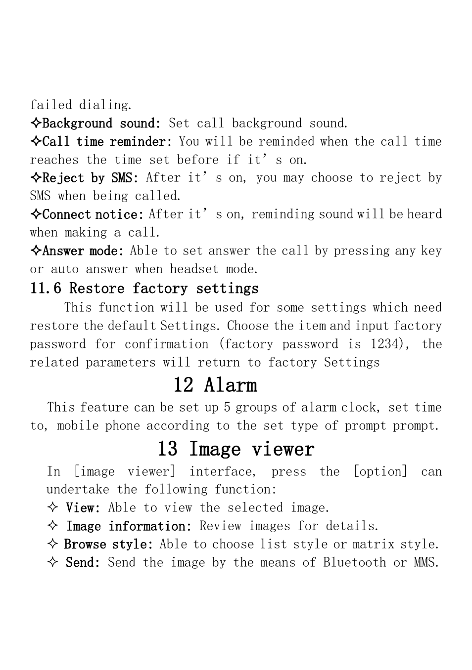 6 restore factory settings, 12 alarm, 13 image viewer | Verykool i235 User Manual | Page 25 / 37