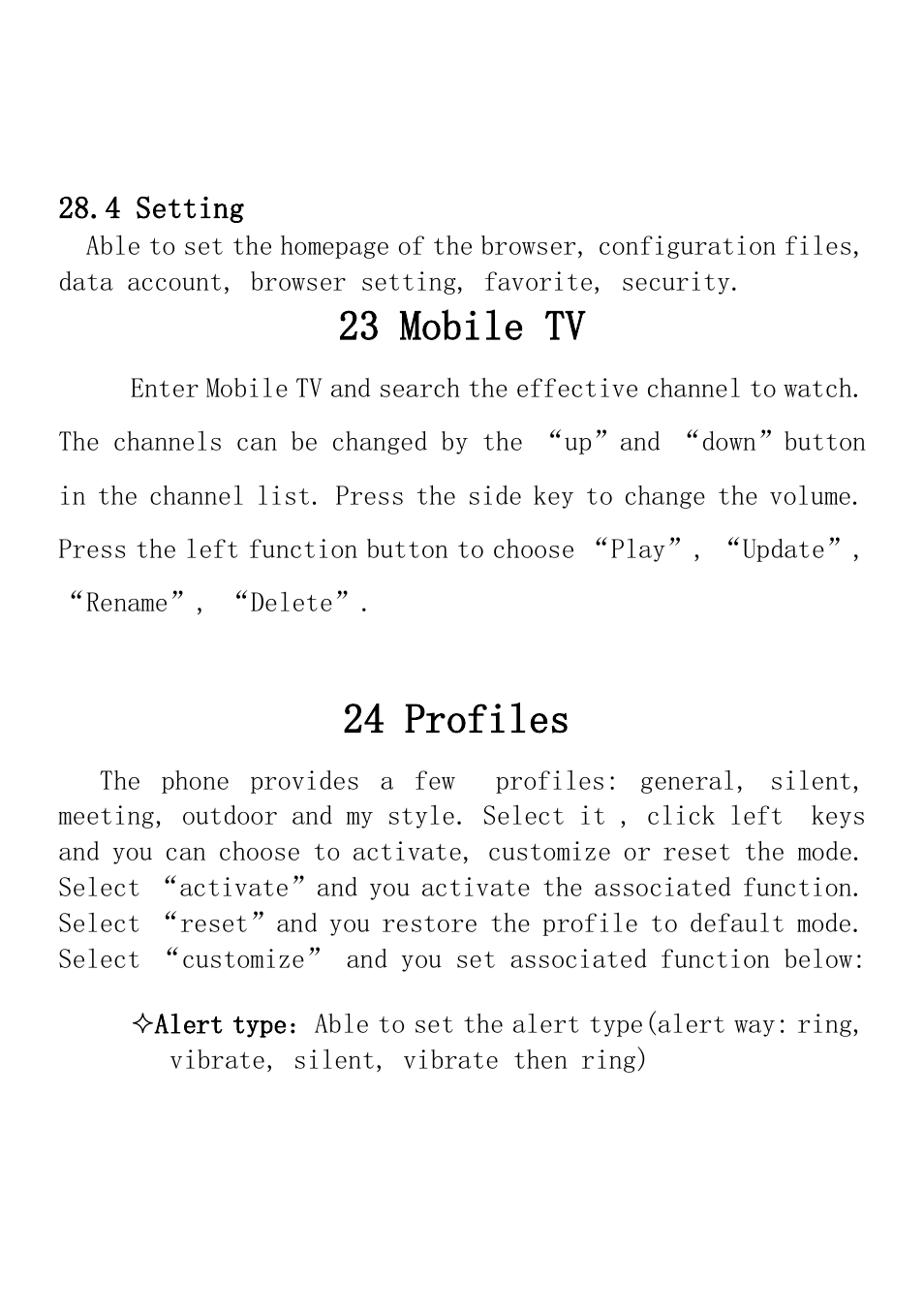 4 setting, 23 mobile tv, 24 profiles | Verykool i235 User Manual | Page 31 / 37