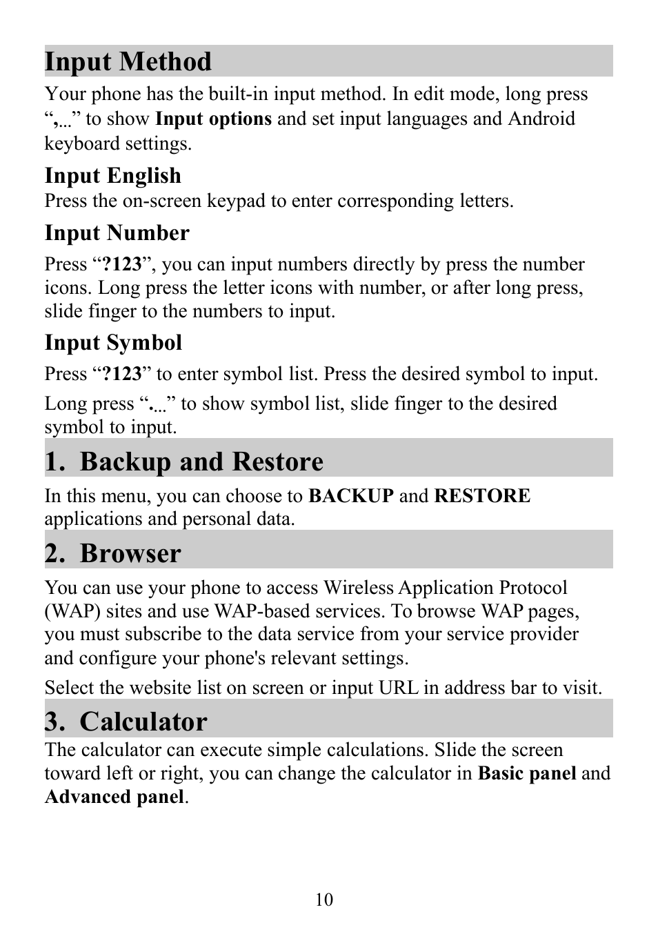 Input method, Backup and restore, Browser | Calculator | Verykool s352 User Manual | Page 10 / 21