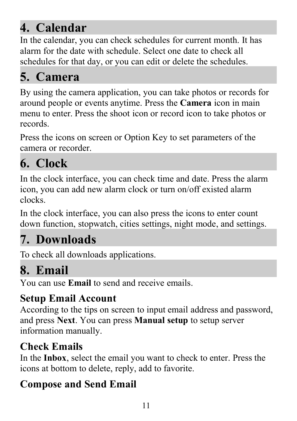 Calendar 5. camera 6. clock 7. downloads 8. email, Calendar, Camera | Clock, Downloads, Email | Verykool s352 User Manual | Page 11 / 21
