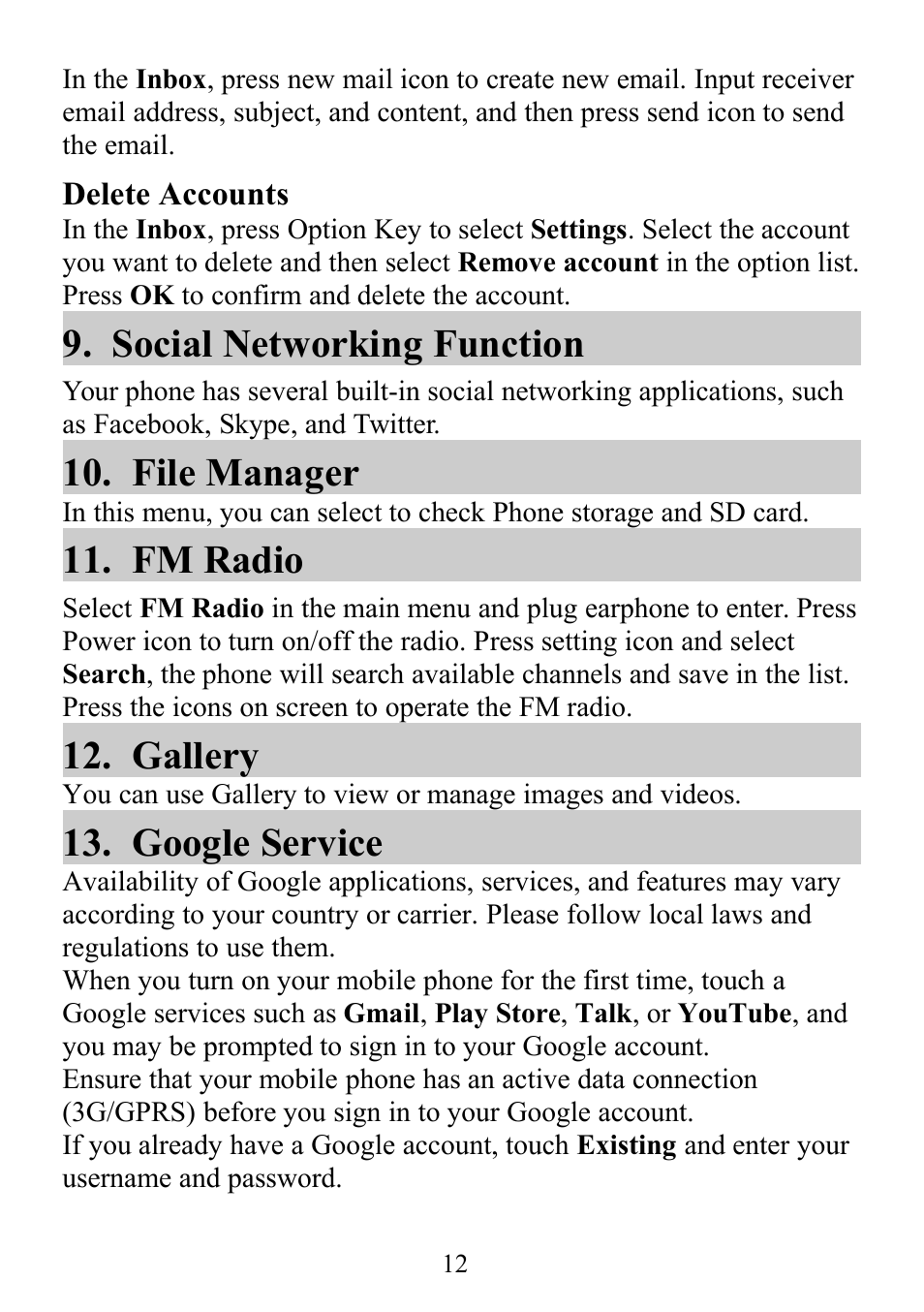 Social networking function, File manager, Fm radio | Gallery, Google service | Verykool s352 User Manual | Page 12 / 21