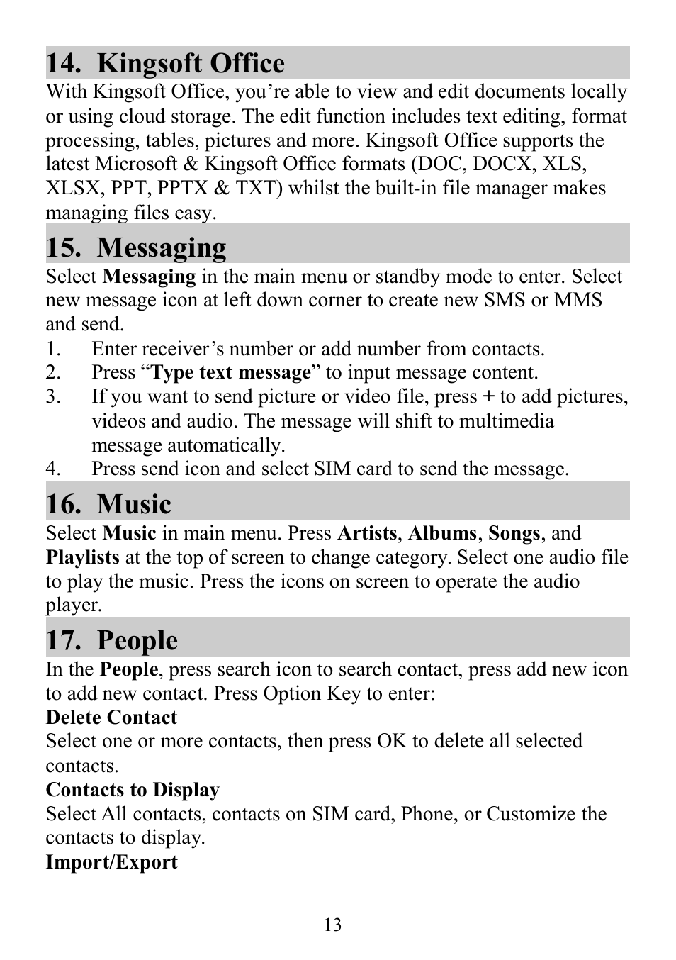 Kingsoft office 15. messaging 16. music 17. people, Kingsoft office, Messaging | Music, People | Verykool s352 User Manual | Page 13 / 21