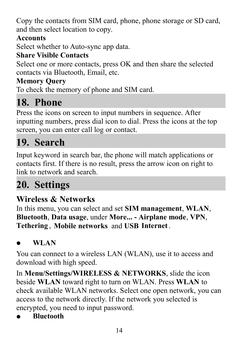 Phone 19. search 20. settings, Phone, Search | Settings | Verykool s352 User Manual | Page 14 / 21