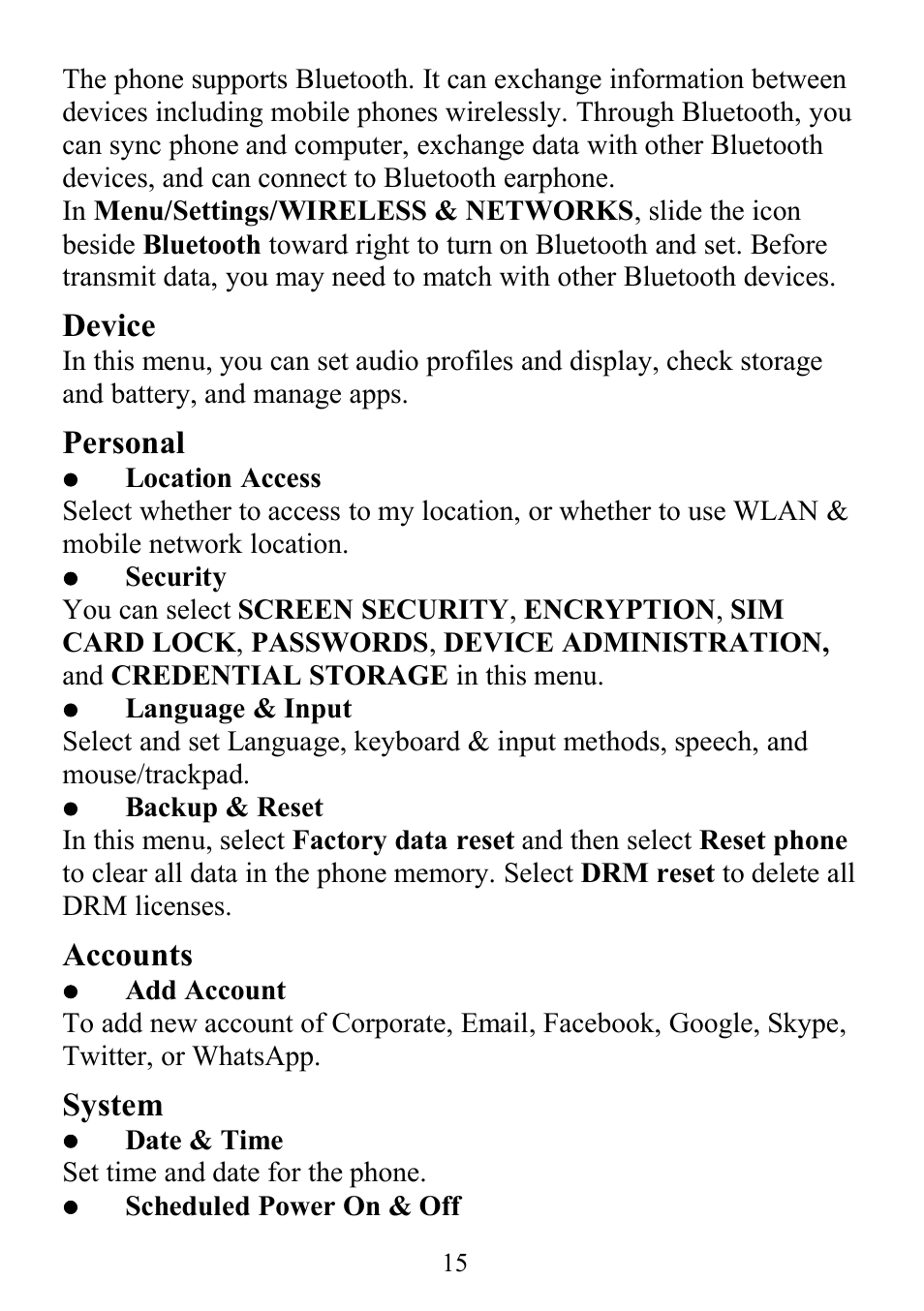 Device, Personal, Accounts | System | Verykool s352 User Manual | Page 15 / 21