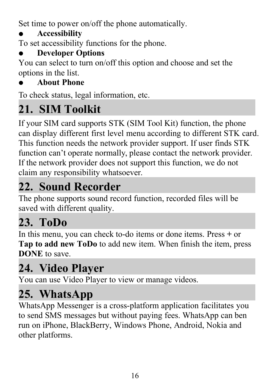 Sim toolkit, Sound recorder, Todo | Video player, Whatsapp | Verykool s352 User Manual | Page 16 / 21