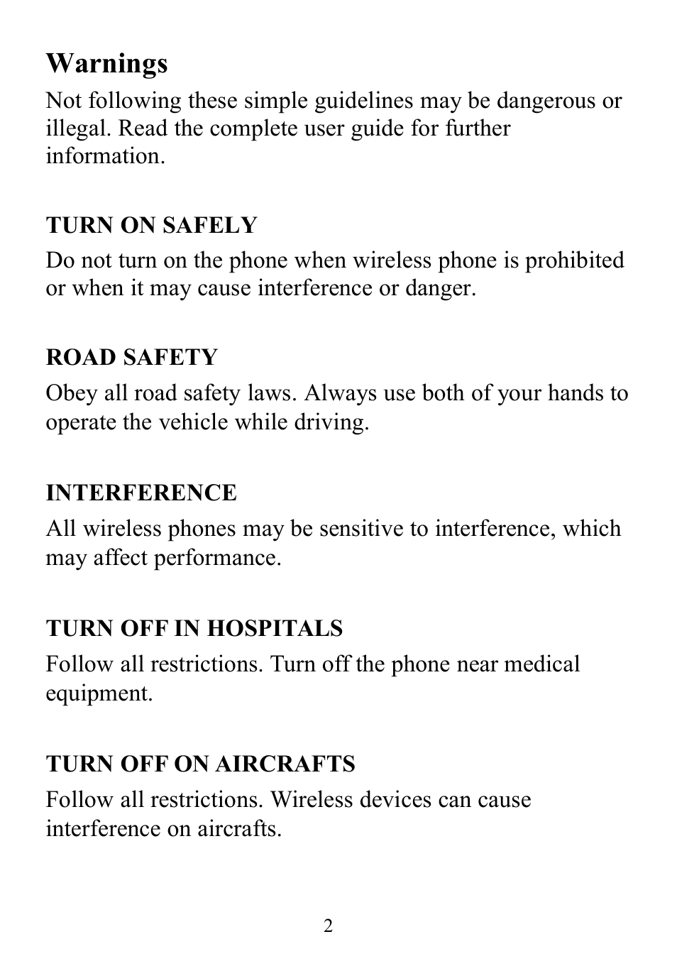 Warnings | Verykool s352 User Manual | Page 2 / 21