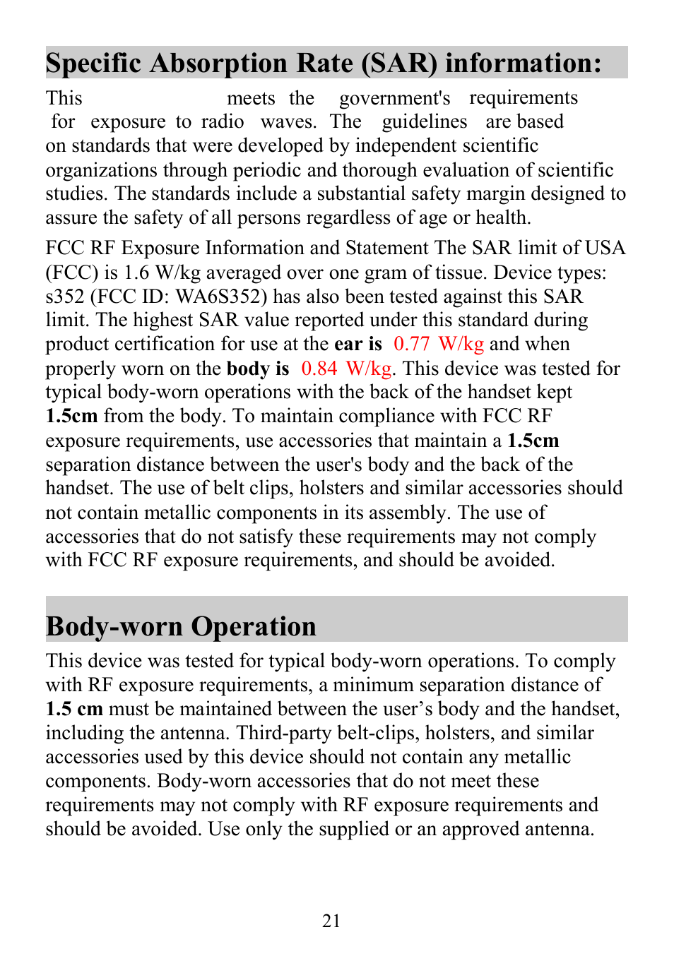 Specific absorption rate (sar) information, Body-worn operation | Verykool s352 User Manual | Page 21 / 21