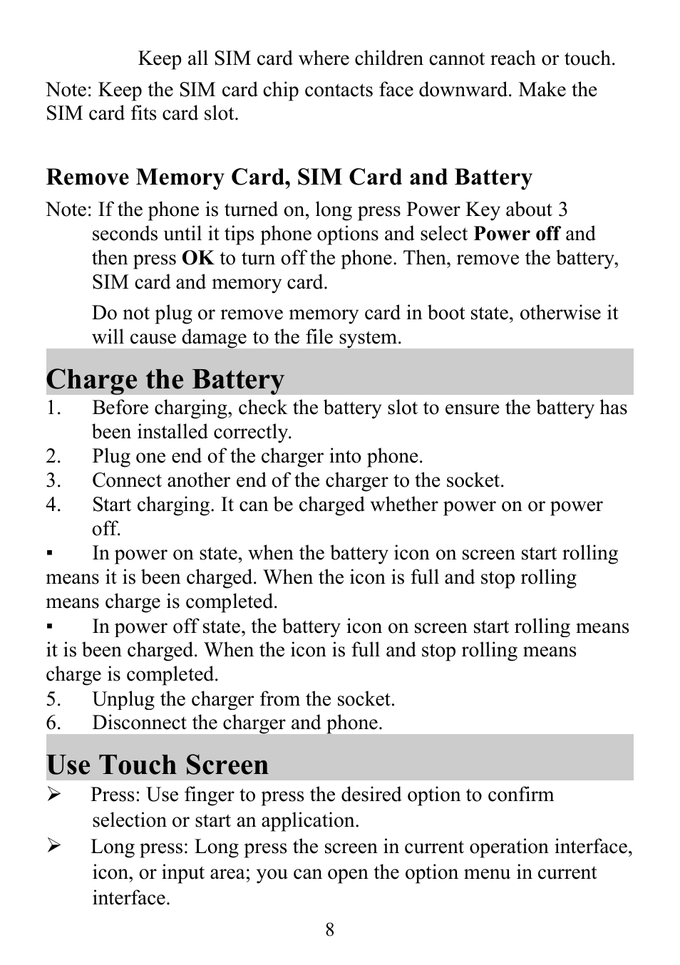 Charge the battery use touch screen, Charge the battery, Use touch screen | Verykool s352 User Manual | Page 8 / 21