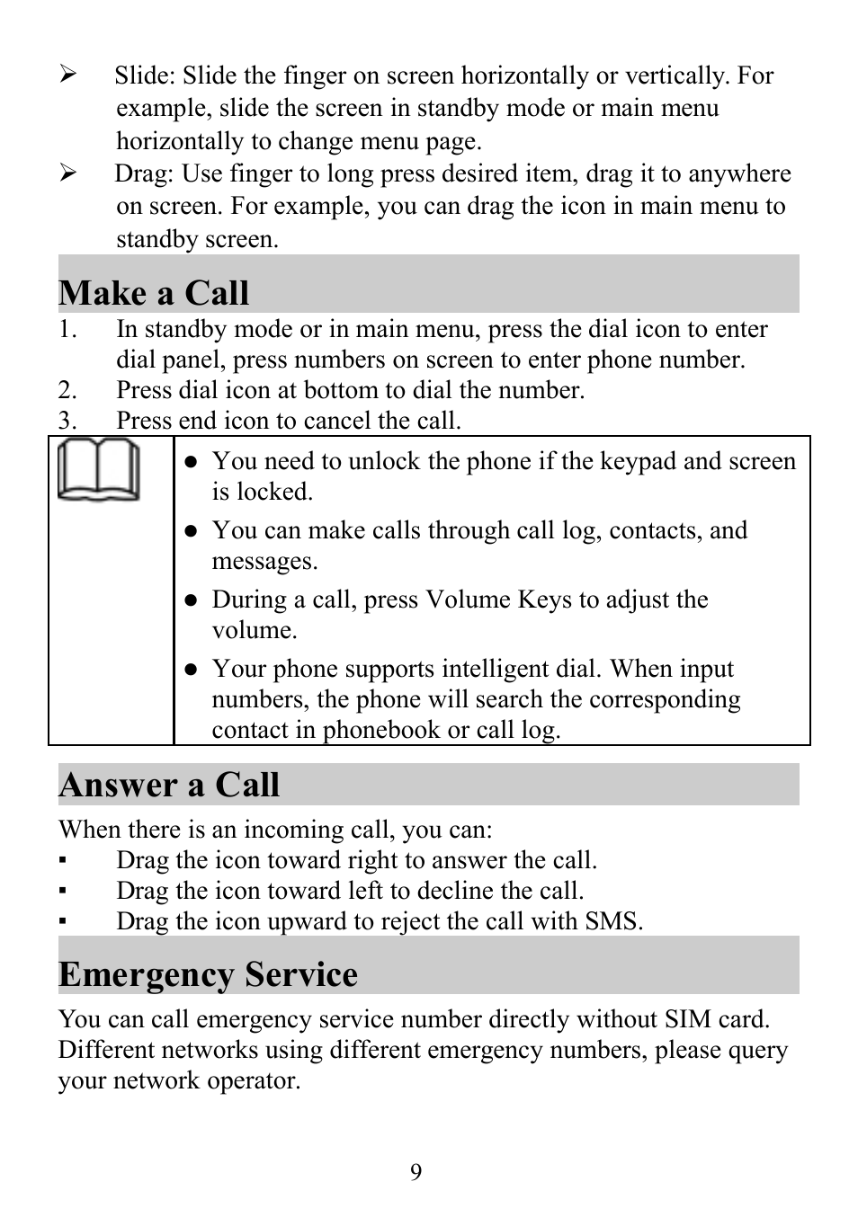 Make a call answer a call emergency service, Make a call, Answer a call | Emergency service | Verykool s352 User Manual | Page 9 / 21