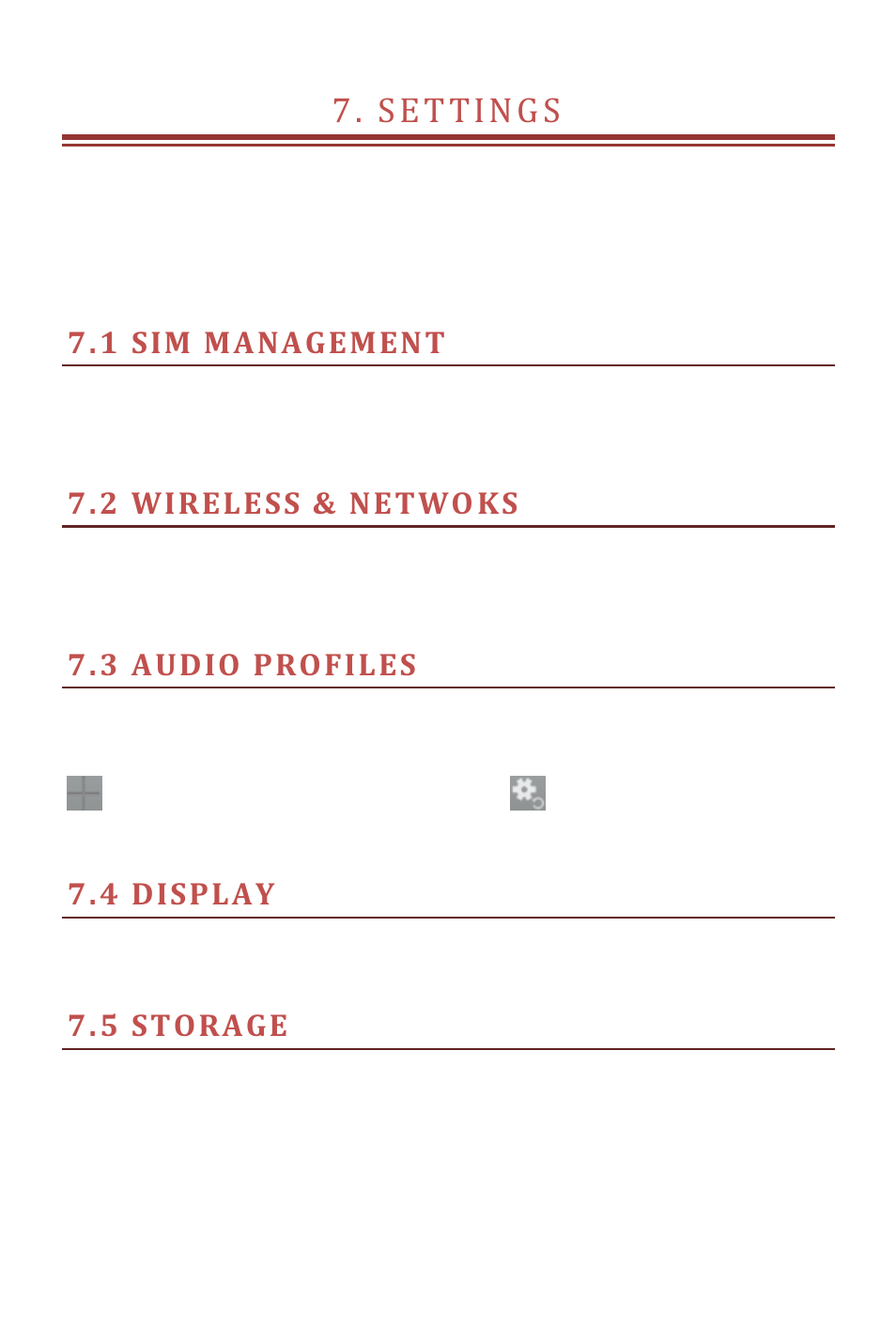 Settings, 1 sim management, 2 wireless & netwoks | 3 audio profiles, 4 display, 5 storage, Setting s | Verykool s505 User Manual | Page 18 / 27
