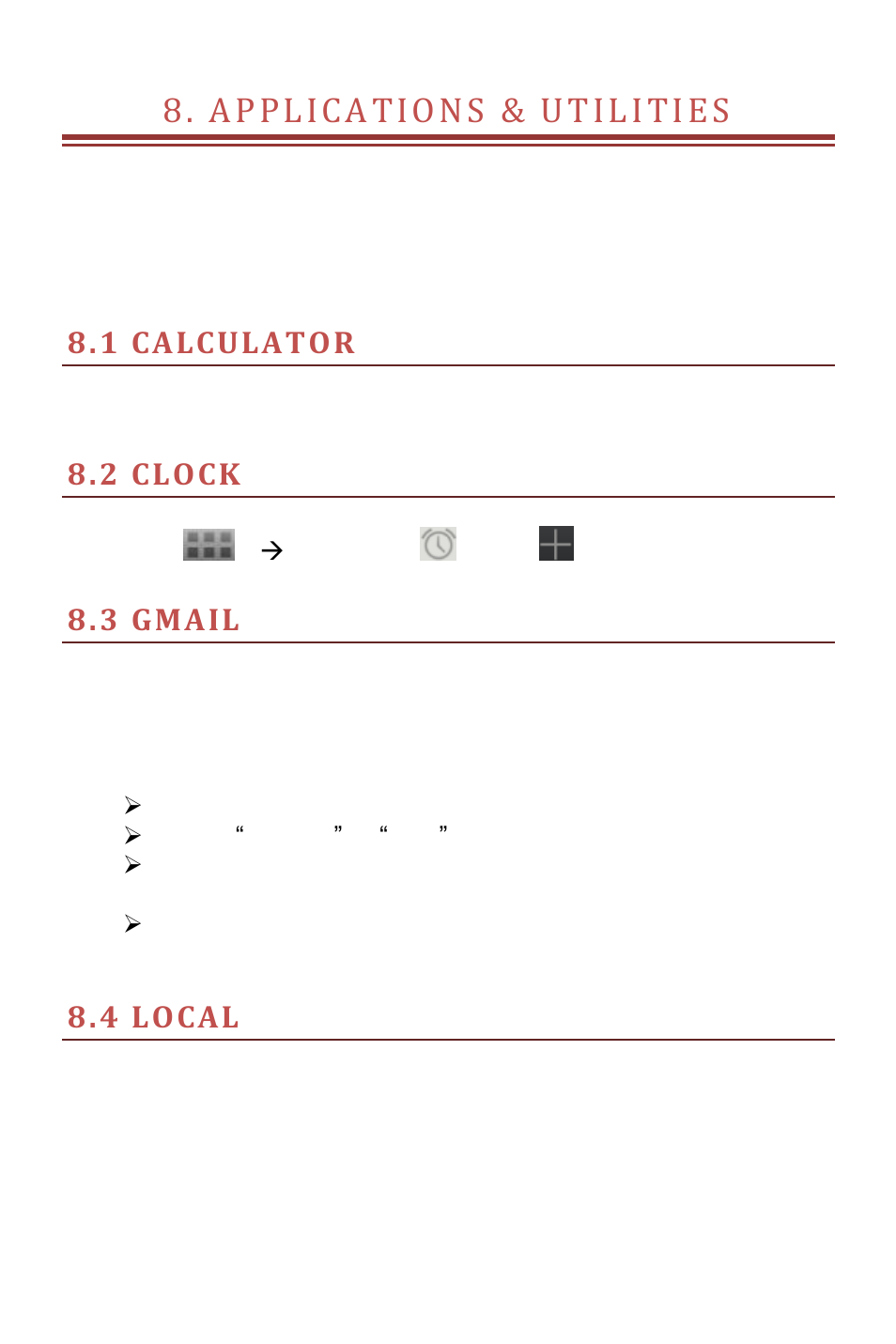 Applications & utilities, 1 calculator, 2 clock | 3 gmail, 4 local, Applica tion s & utili ties | Verykool s505 User Manual | Page 21 / 27