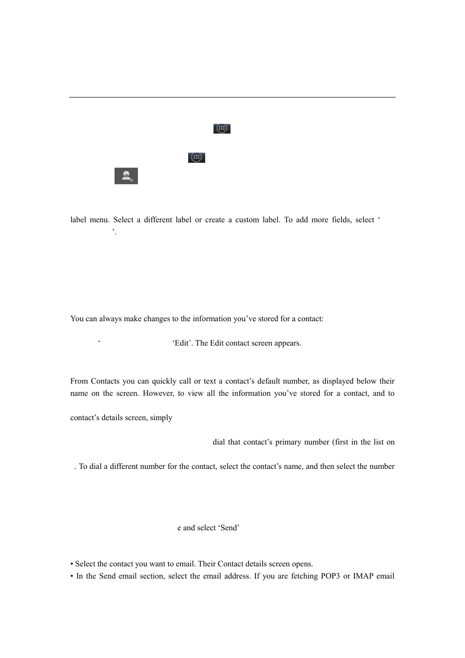 Contacts, Add a contact, Edit contact details | Communicate with a contact, 4 contacts | Verykool s351 User Manual | Page 11 / 28