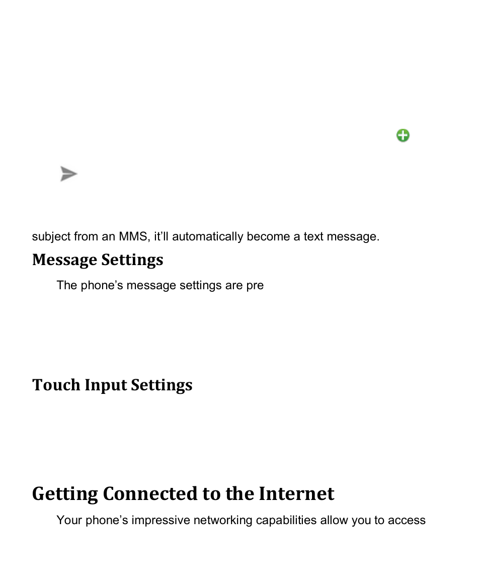 Message settings, Touch input settings, Getting connected to the internet | Verykool s4010 User Manual | Page 14 / 33