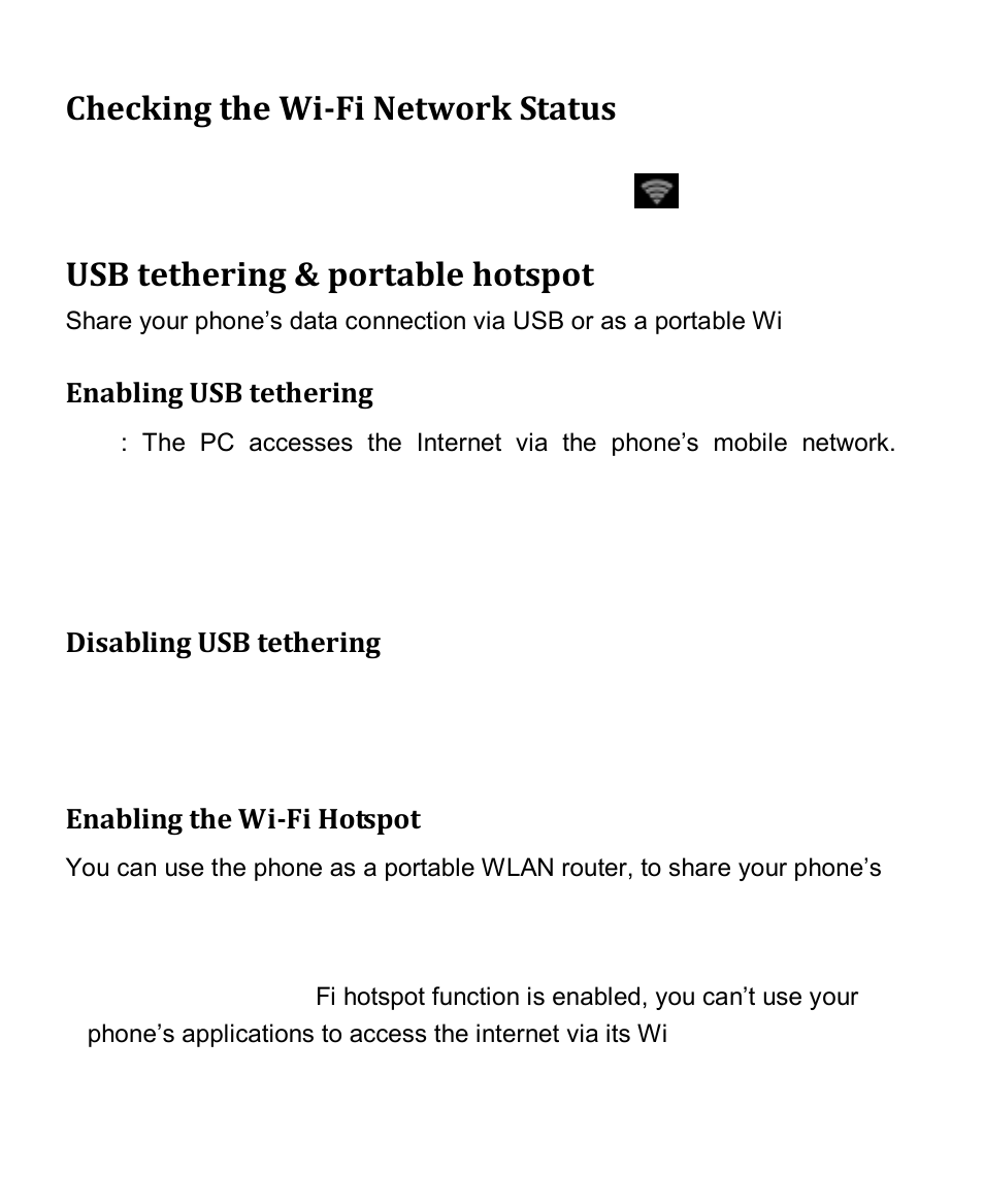 Checking the wi-fi network status, Usb tethering & portable hotspot | Verykool s4010 User Manual | Page 16 / 33