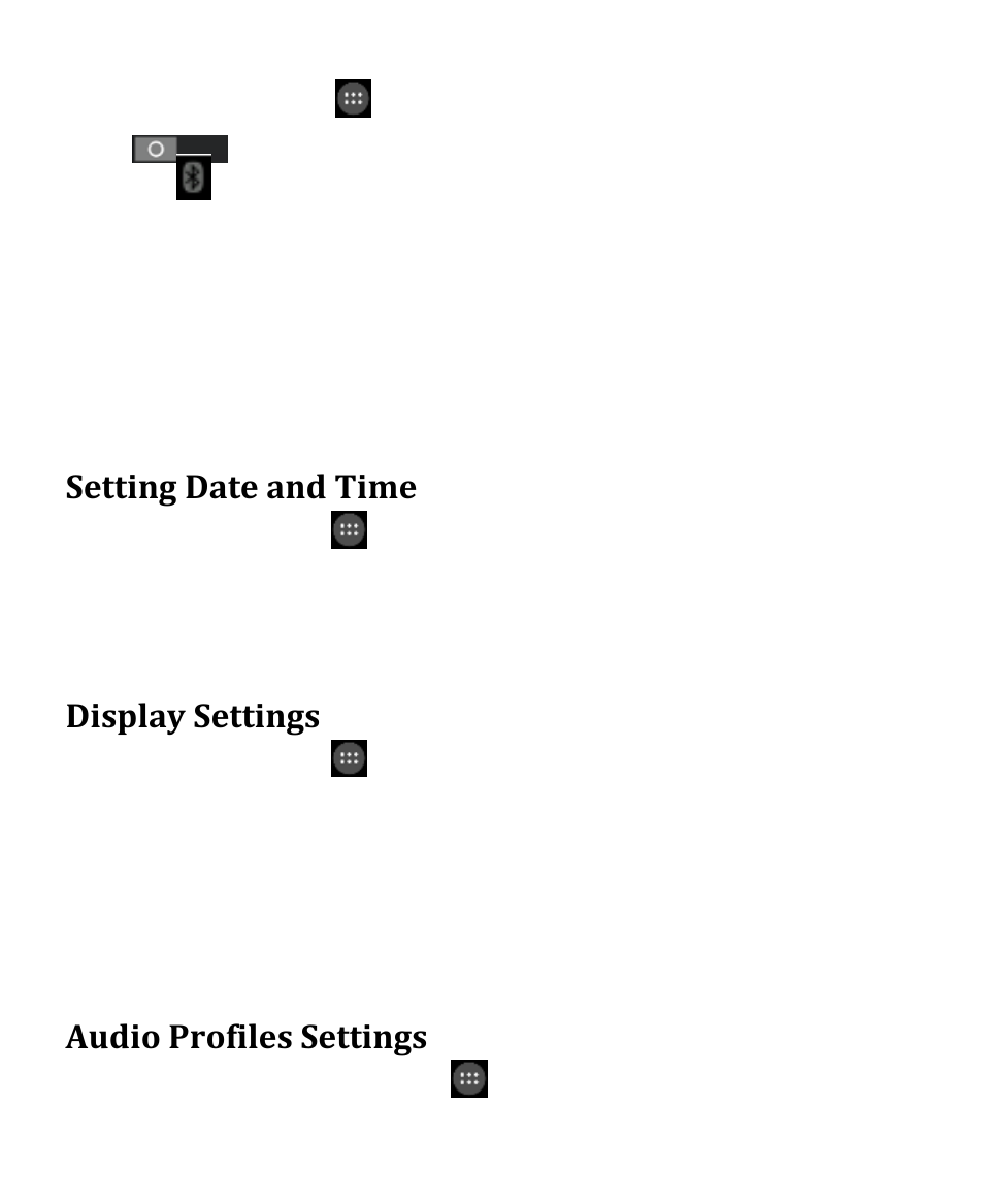 Setting date and time, Display settings, Audio profiles settings | Verykool s4010 User Manual | Page 20 / 33
