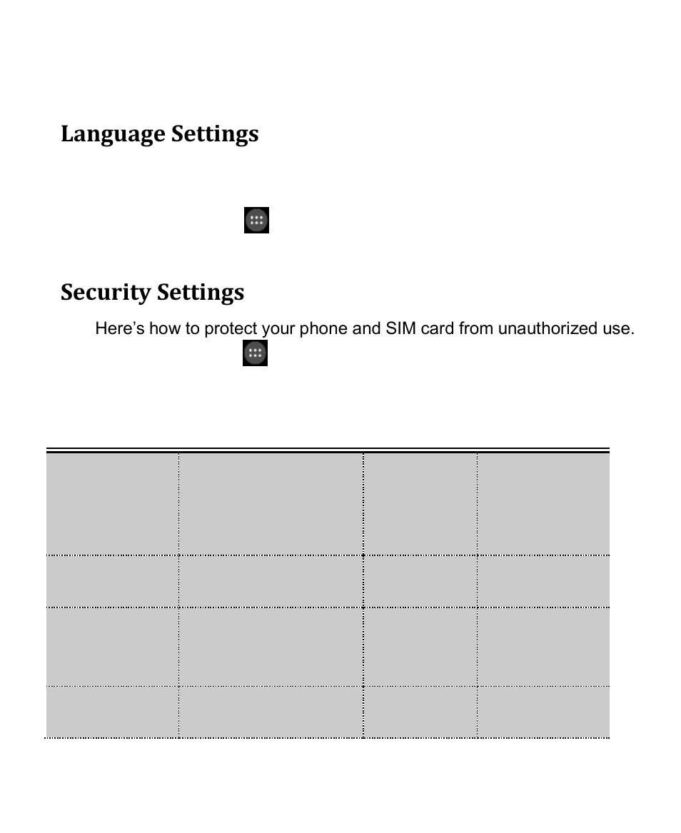 Language settings, Security settings | Verykool s4010 User Manual | Page 21 / 33