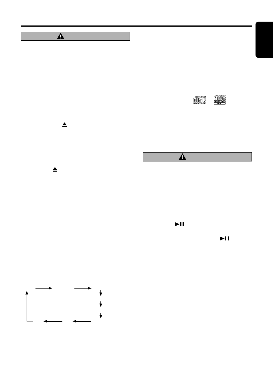 17 english, Caution, Cd/mp3/wma operations | Pausing play, Displaying cd titles, Loading a cd, Backup eject function, Listening to a disc already loaded in the unit | Clarion DXZ735MP User Manual | Page 13 / 28