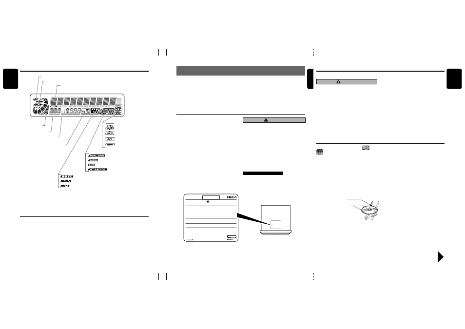 Precautions, Handling compact discs, Flip down panel | Lcd screen, Display items, 4english english english, Caution, Handling, Storage, Cleaning | Clarion DXZ735MP User Manual | Page 3 / 28