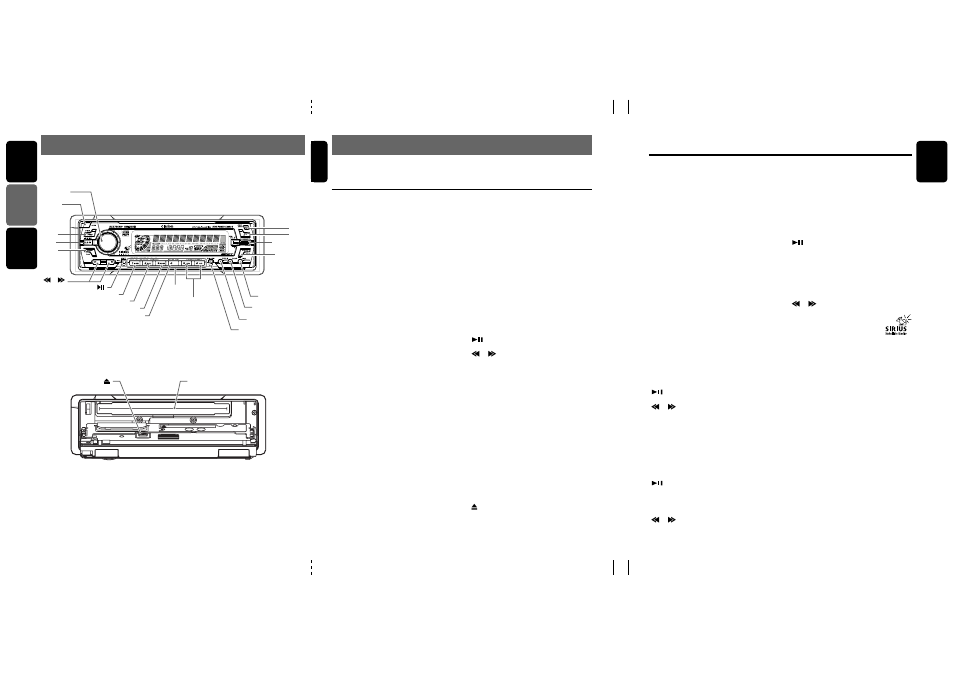 Nomenclature, Controls / les commandes / controles, Names of the buttons and their functions | What is sirius satellite radio, English, English fran ç ais espa ñ ol english, When the sirius satellite radio is connected, When the cd/md/dvd changer is connected, When the tv is connected | Clarion DXZ735MP User Manual | Page 4 / 28