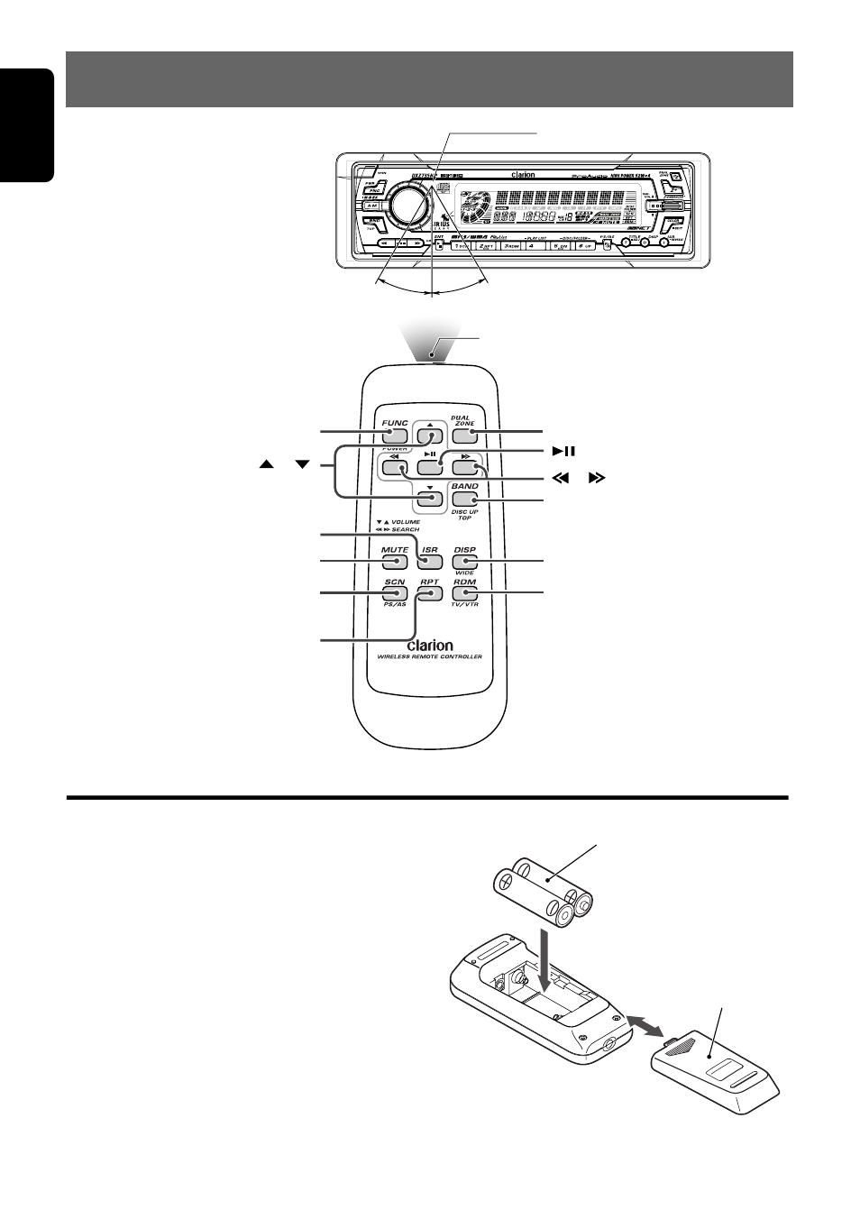 Remote control, Remote control unit inserting the batteries, English | Clarion DXZ735MP User Manual | Page 6 / 28