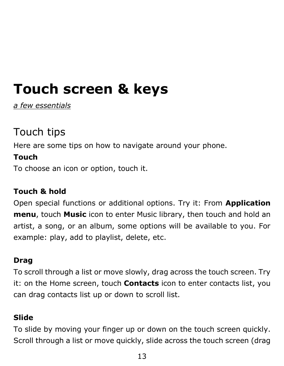 Touch screen & keys, Touch tips | Verykool s6001 User Manual | Page 13 / 72