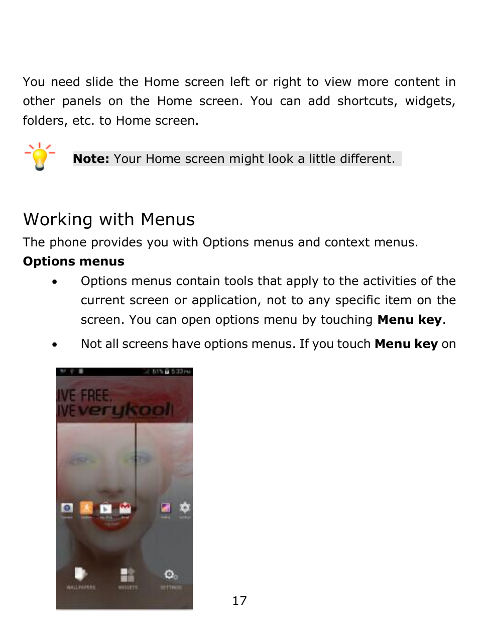 Working with menus | Verykool s6001 User Manual | Page 17 / 72