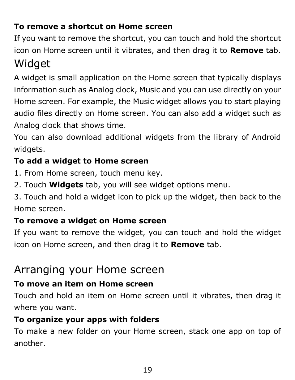 Widget, Arranging your home screen | Verykool s6001 User Manual | Page 19 / 72