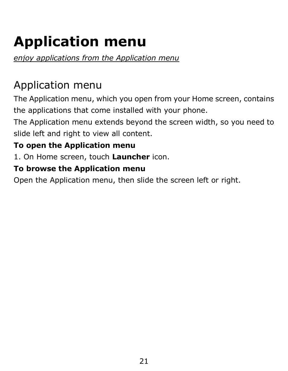 Application menu | Verykool s6001 User Manual | Page 21 / 72