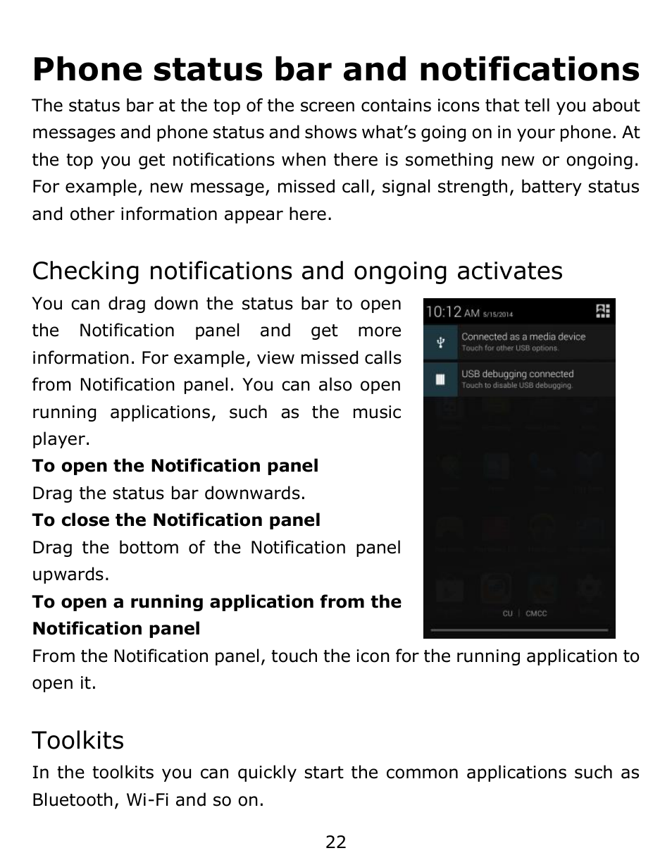 Phone status bar and notifications, Checking notifications and ongoing activates, Toolkits | Verykool s6001 User Manual | Page 22 / 72