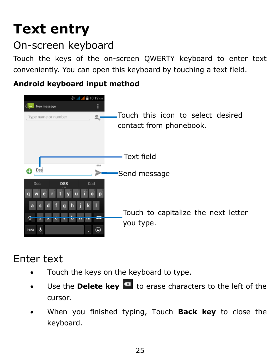Text entry, On-screen keyboard, Enter text | Verykool s6001 User Manual | Page 25 / 72