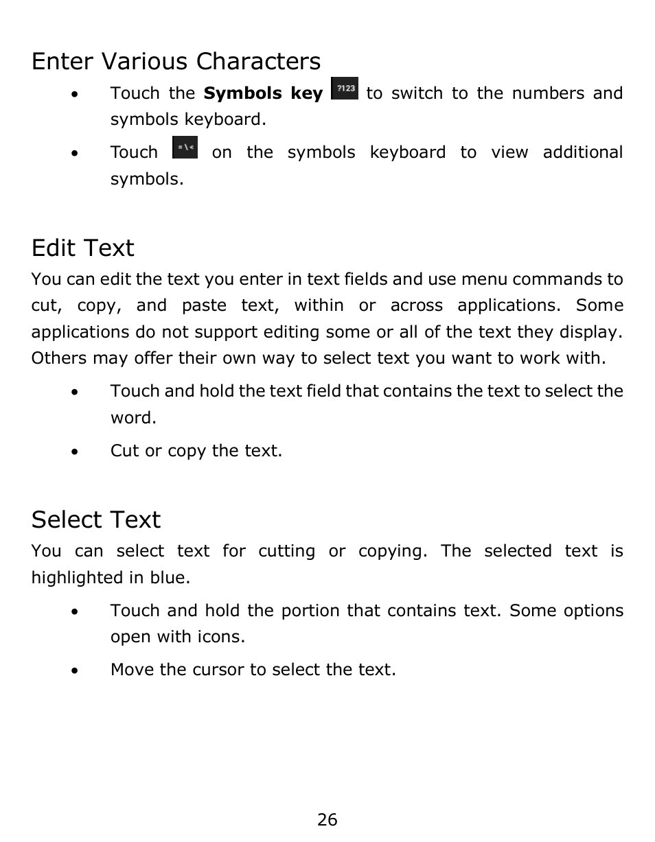 Enter various characters, Edit text, Select text | Verykool s6001 User Manual | Page 26 / 72