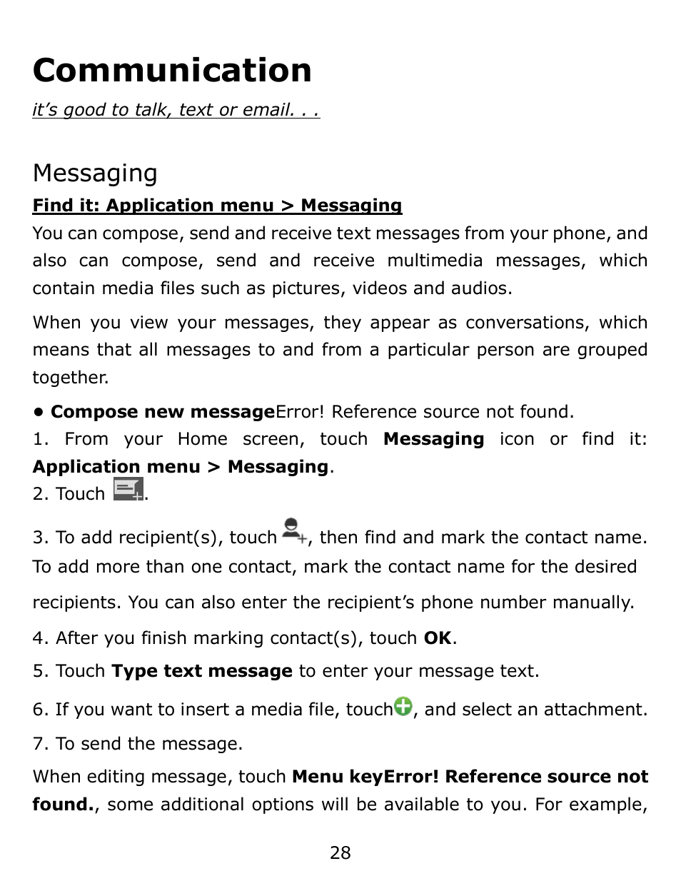 Communication, Messaging | Verykool s6001 User Manual | Page 28 / 72