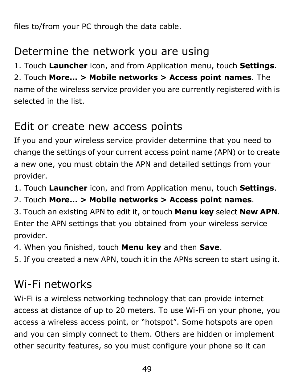 Determine the network you are using, Edit or create new access points, Wi-fi networks | Verykool s6001 User Manual | Page 49 / 72