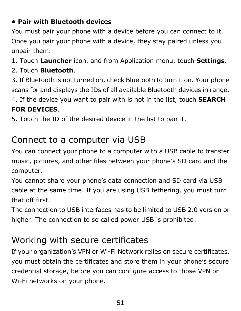 Connect to a computer via usb, Working with secure certificates | Verykool s6001 User Manual | Page 51 / 72