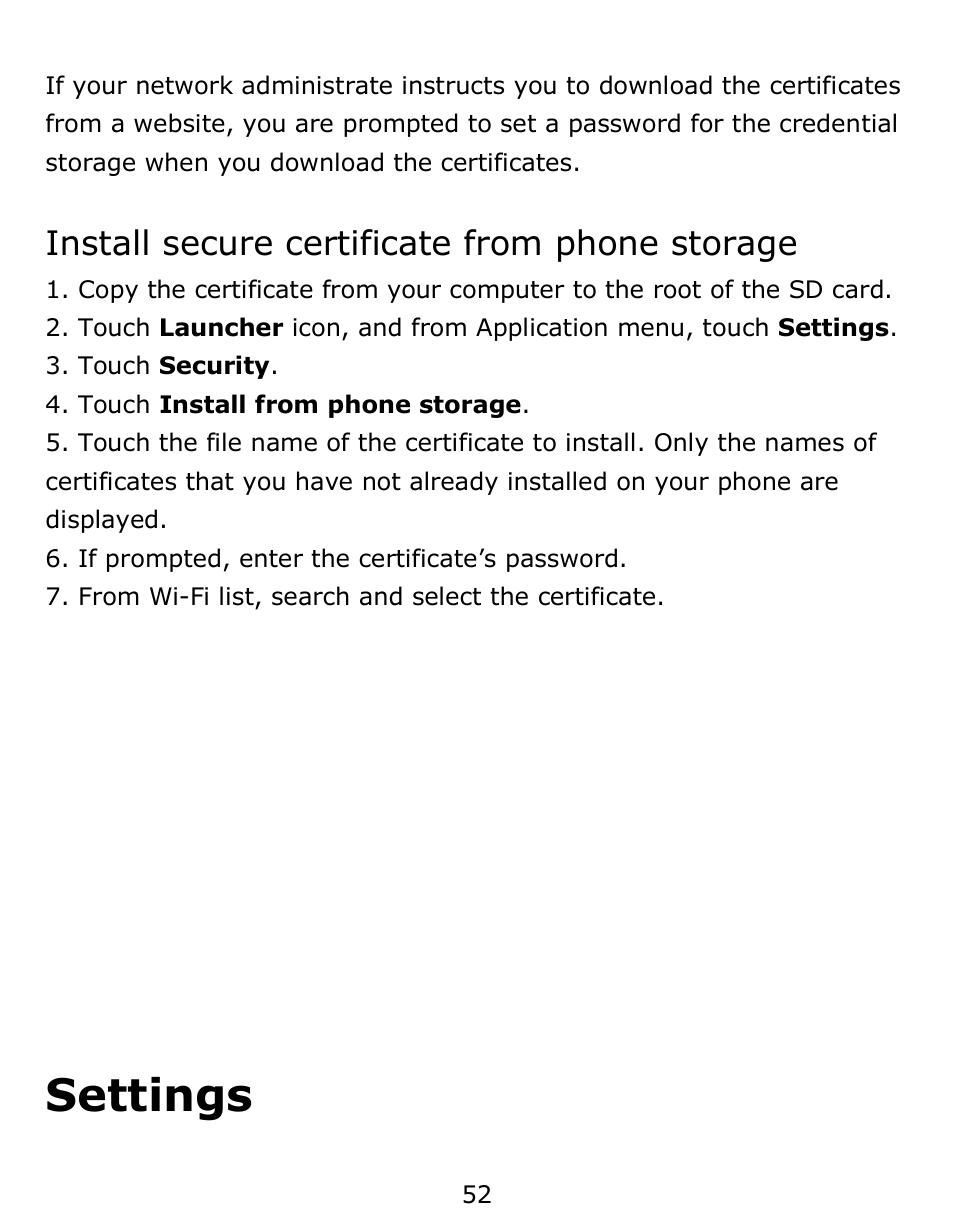 Install secure certificate from phone storage, Settings | Verykool s6001 User Manual | Page 52 / 72