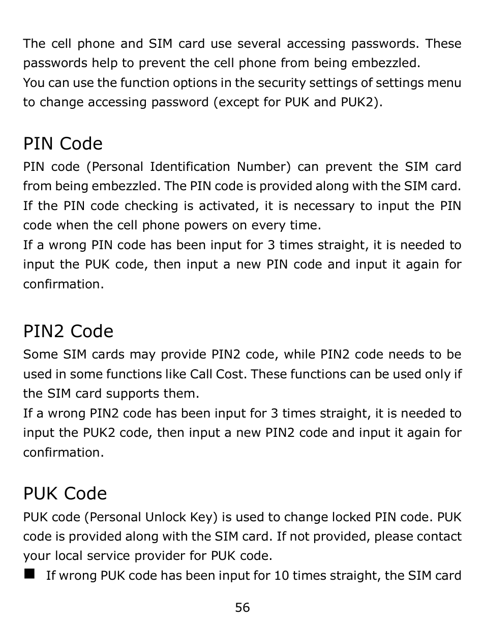 Pin code, Pin2 code, Puk code | Verykool s6001 User Manual | Page 56 / 72