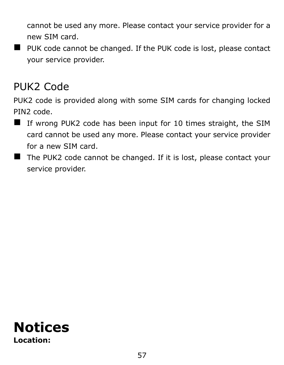 Puk2 code, Notices | Verykool s6001 User Manual | Page 57 / 72