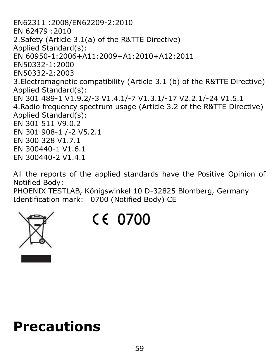 Precautions | Verykool s6001 User Manual | Page 59 / 72