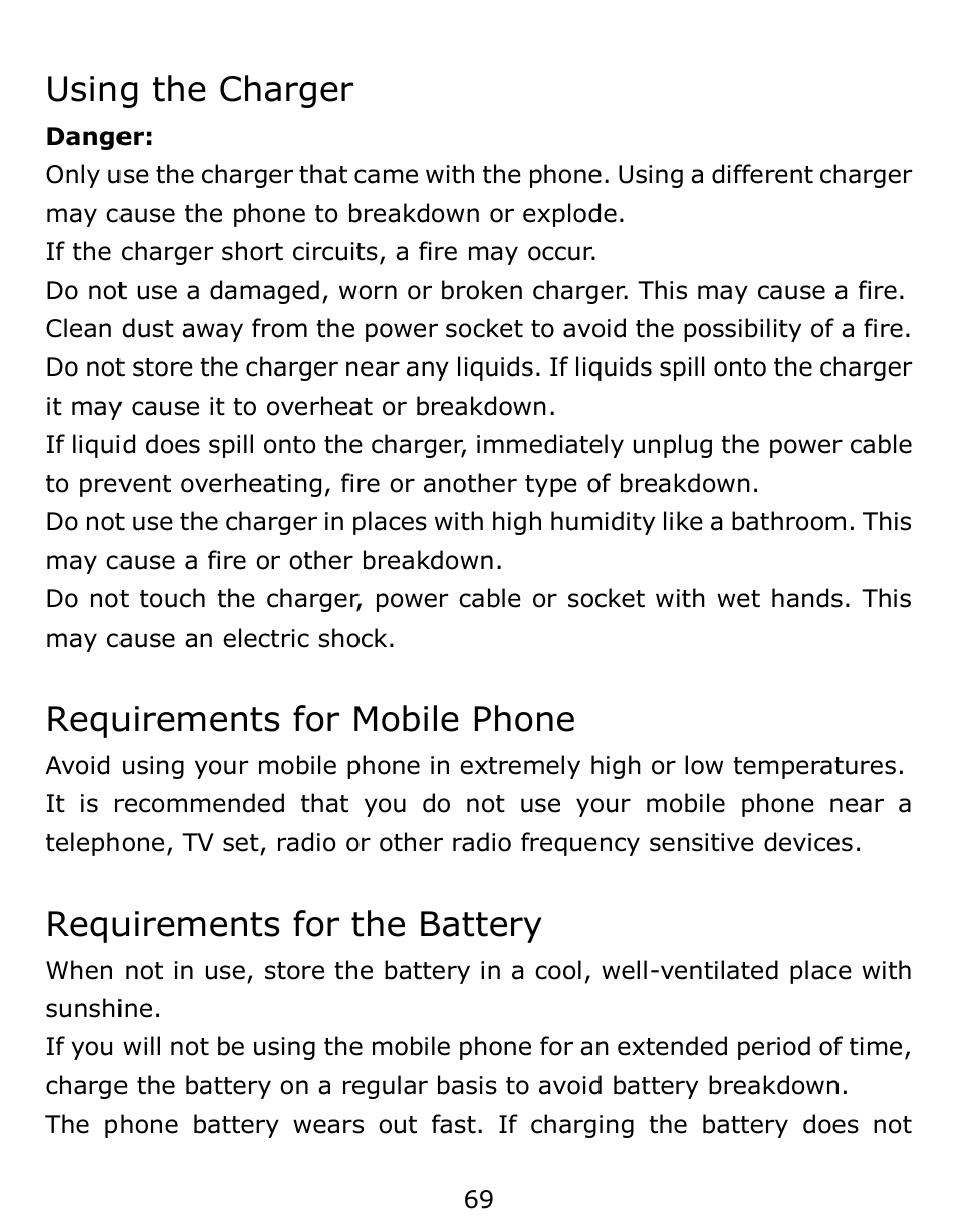 Using the charger, Requirements for mobile phone, Requirements for the battery | Verykool s6001 User Manual | Page 69 / 72