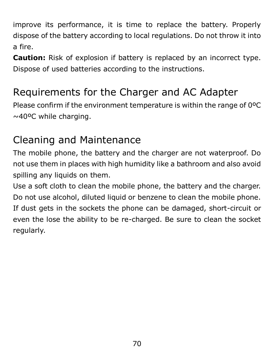 Requirements for the charger and ac adapter, Cleaning and maintenance | Verykool s6001 User Manual | Page 70 / 72