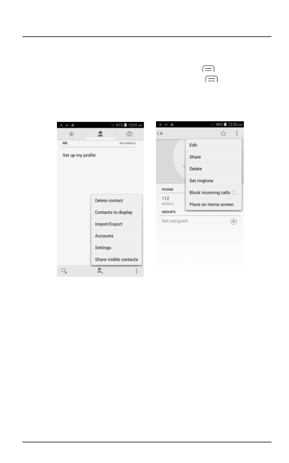 Context menus, Options menus, Menu icons | Verykool s5016 User Manual | Page 23 / 58