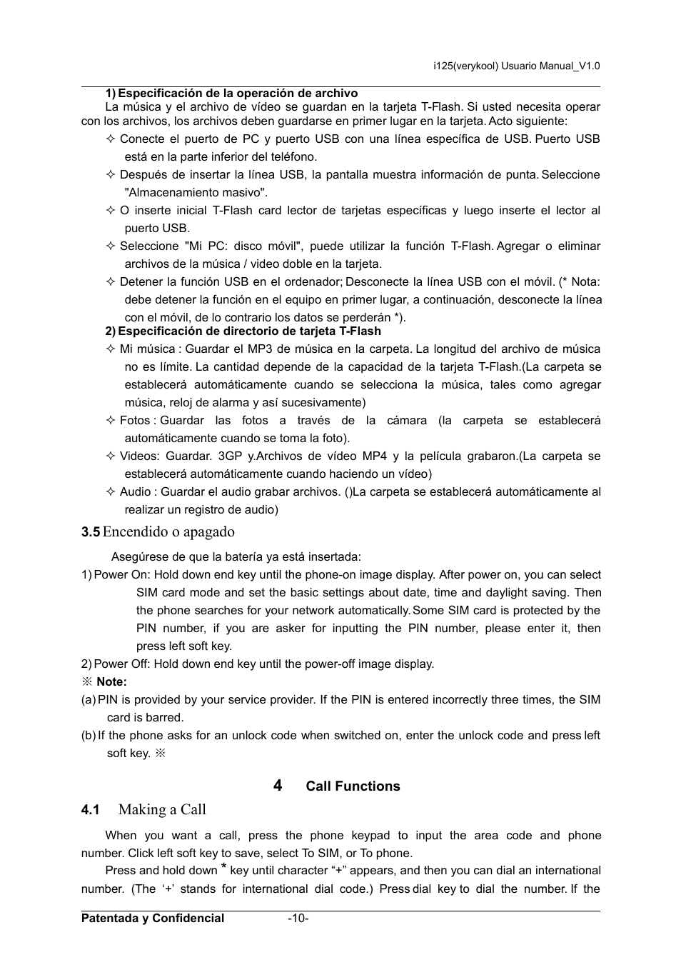 4 call functions, Encendido o apagado, Making a call | Call functions 4.1 | Verykool i125 User Manual | Page 10 / 30