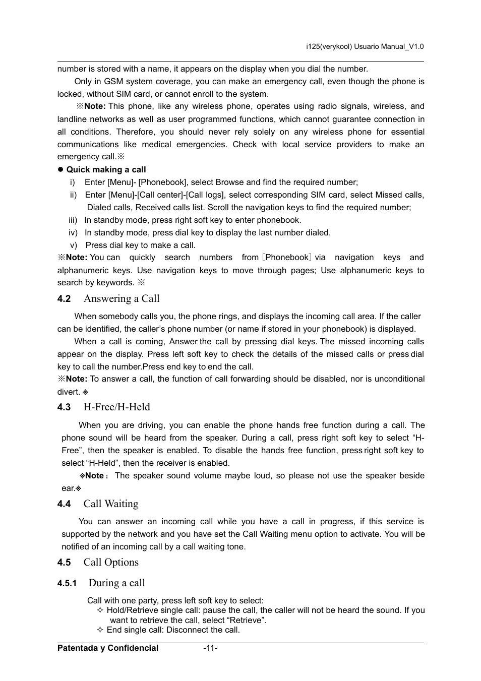 Answering a call, H-free/h-held, Call waiting | Call options, During a call | Verykool i125 User Manual | Page 11 / 30