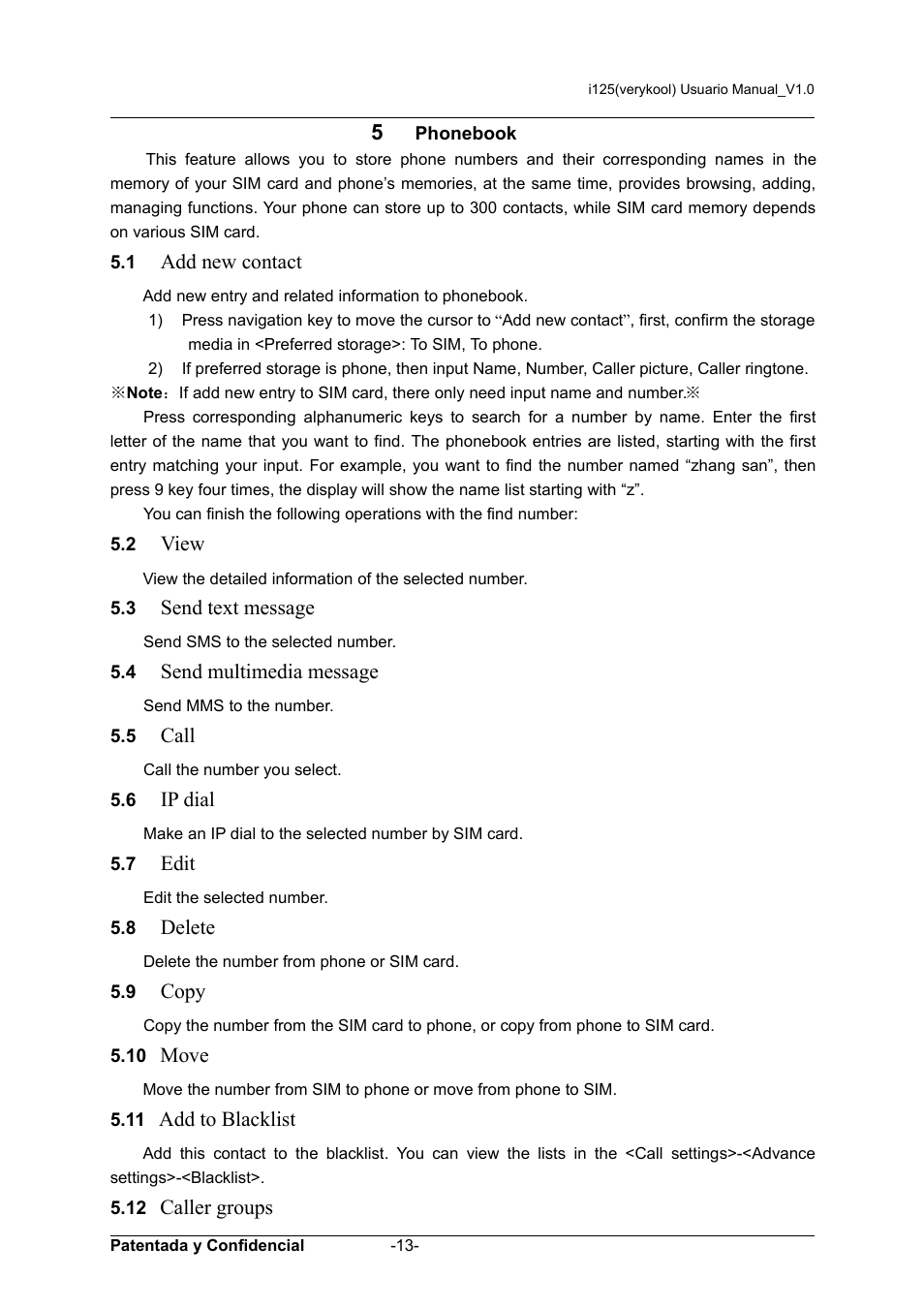 5 phonebook, Add new contact, View | Send text message, Send multimedia message, Call, Ip dial, Edit, Delete, Copy | Verykool i125 User Manual | Page 13 / 30