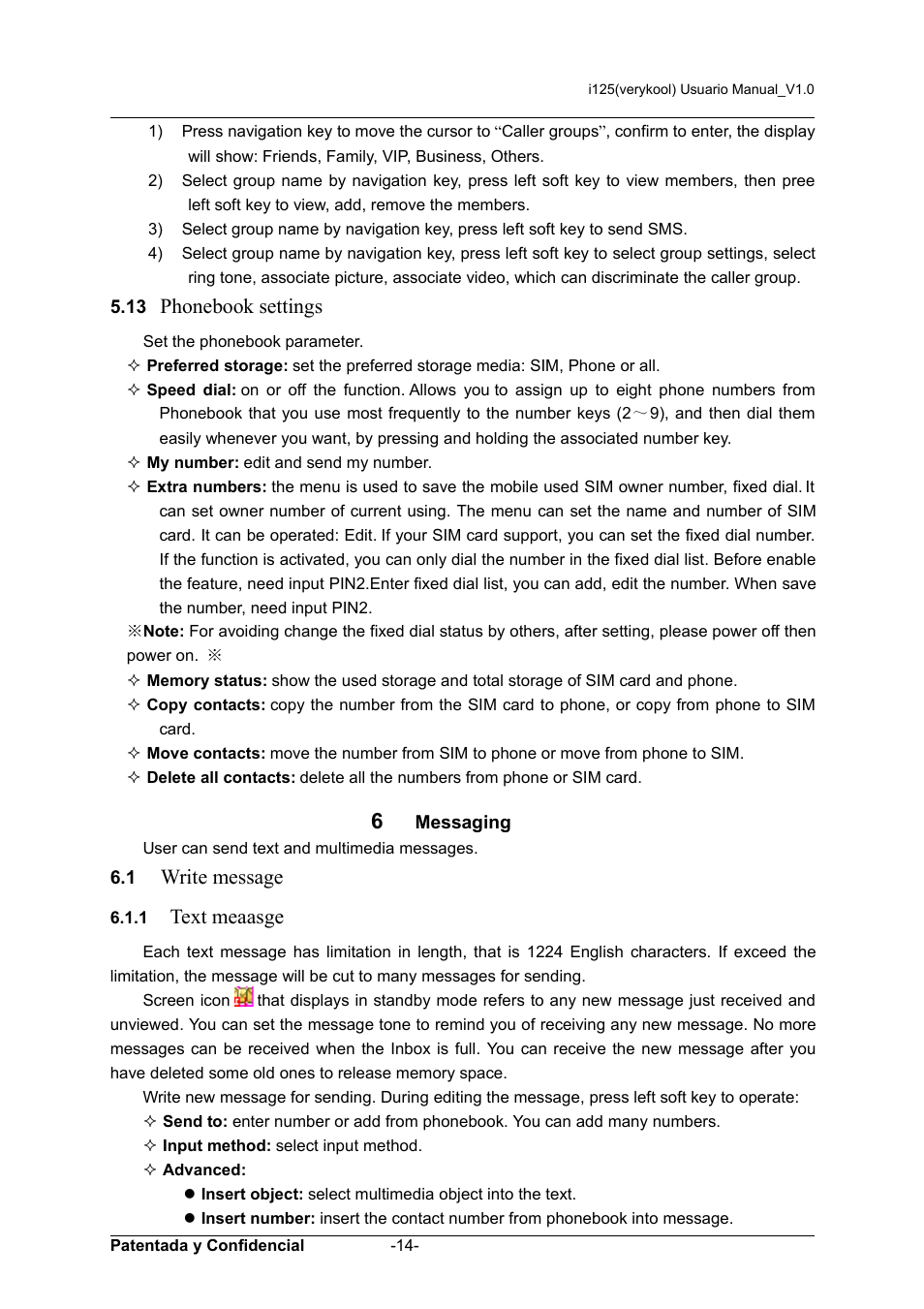 6 messaging, Phonebook settings, Write message | Text meaasge, Messaging | Verykool i125 User Manual | Page 14 / 30